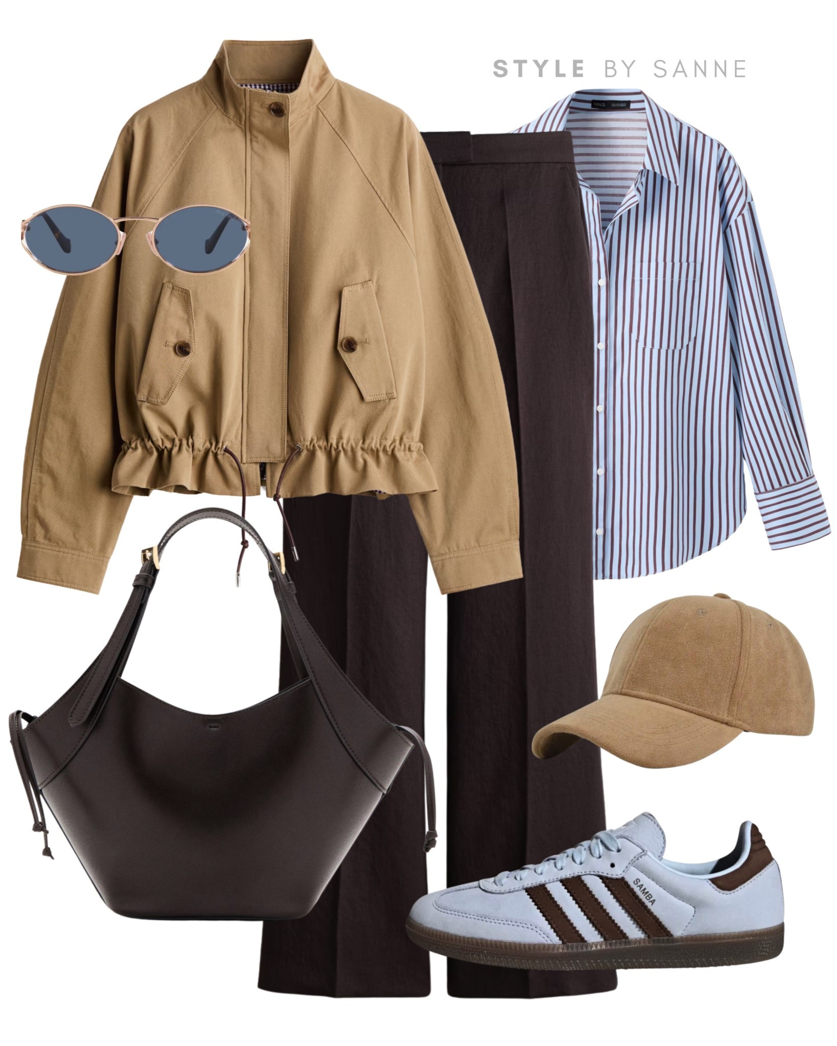 A cropped camel jacket paired with deep brown trousers creates a warm, tonal base. Styled with a striped button-down, casual sneakers and a leather bag for an effortless everyday look with a relaxed, sporty touch. 🧢🤎

#LTKspring #LTKstyletip