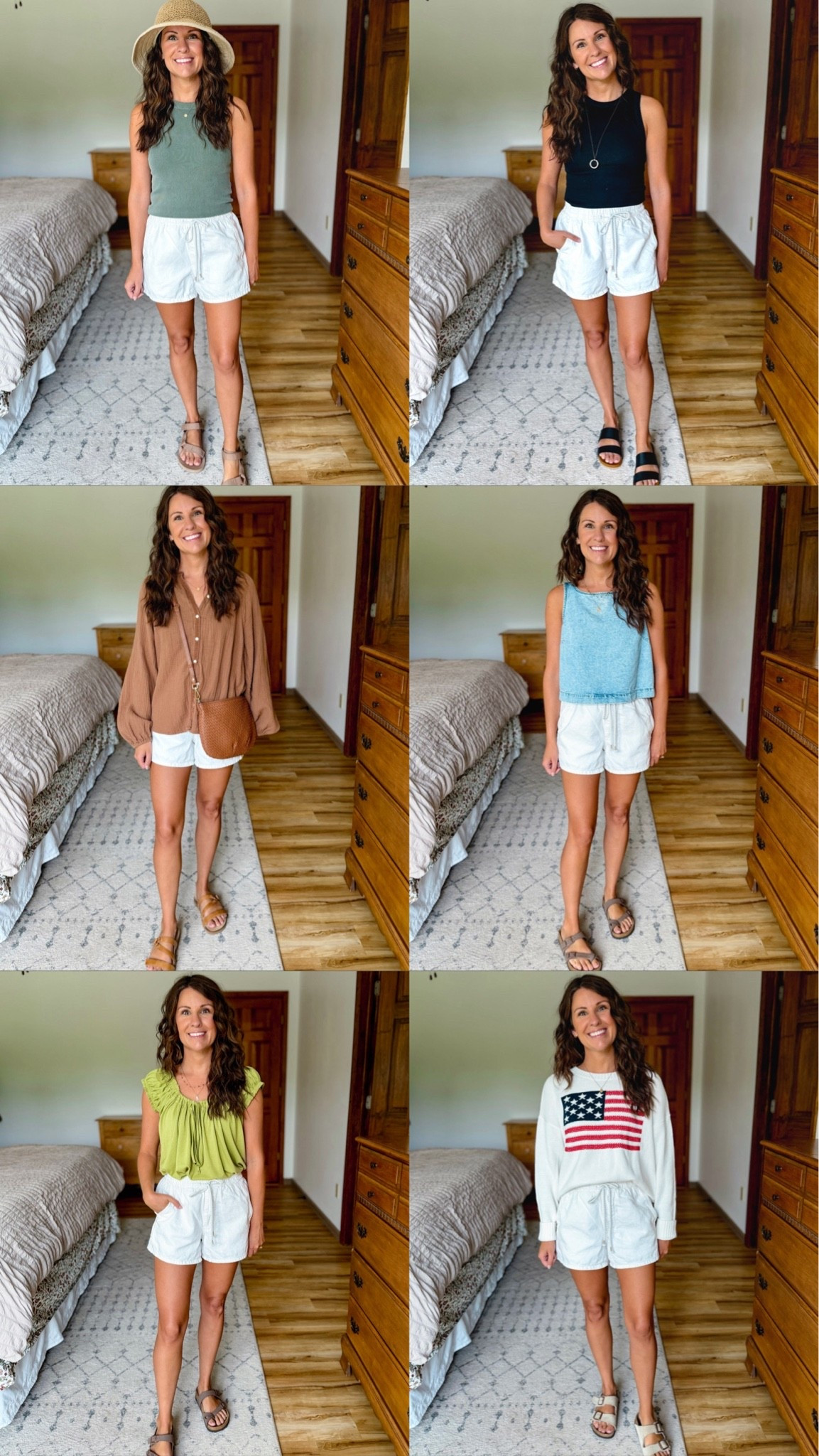 WHITE SHORTS 6 WAYS
wearing xs in these white cotton/linen blend shorts. Loose and comfy and cute🤍🙌🏽 (they also come in a blue denim)

Outfit 1: green tank is size small (I own like 6 colors), Teva sandals are size 6. Love this cute sun hat (rolls up and packs so nice too) 

Outfit 2: size small in my black tank, and 6 in my Reef sandals. I made my necklace so I linked similar.

Outfit 3: small in my brown gauze cotton long sleeve top, 6 in my Taos sandals (so comfy). 

Outfit 4:  small petite in my denim tank (mine is last year-linked this year’s versions). My Birkenstock mayari sandals are size 36. 

Outfit 5: small in my green blouse top (I also own orange). 

Outfit 6: small in my cotton flag sweater (100% cotton and a nice cropped length). My suede Birkenstock sandals are size 36.

#LTKPetite #LTKgrwm #LTKootd