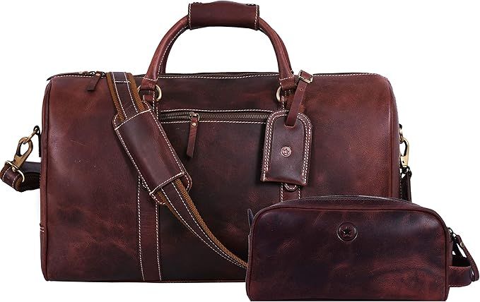 Leather Travel Duffel Bag with Toiletry Dopp Kit | Gym Sports Bag Airplane Luggage Carry-On Bag |... | Amazon (US)