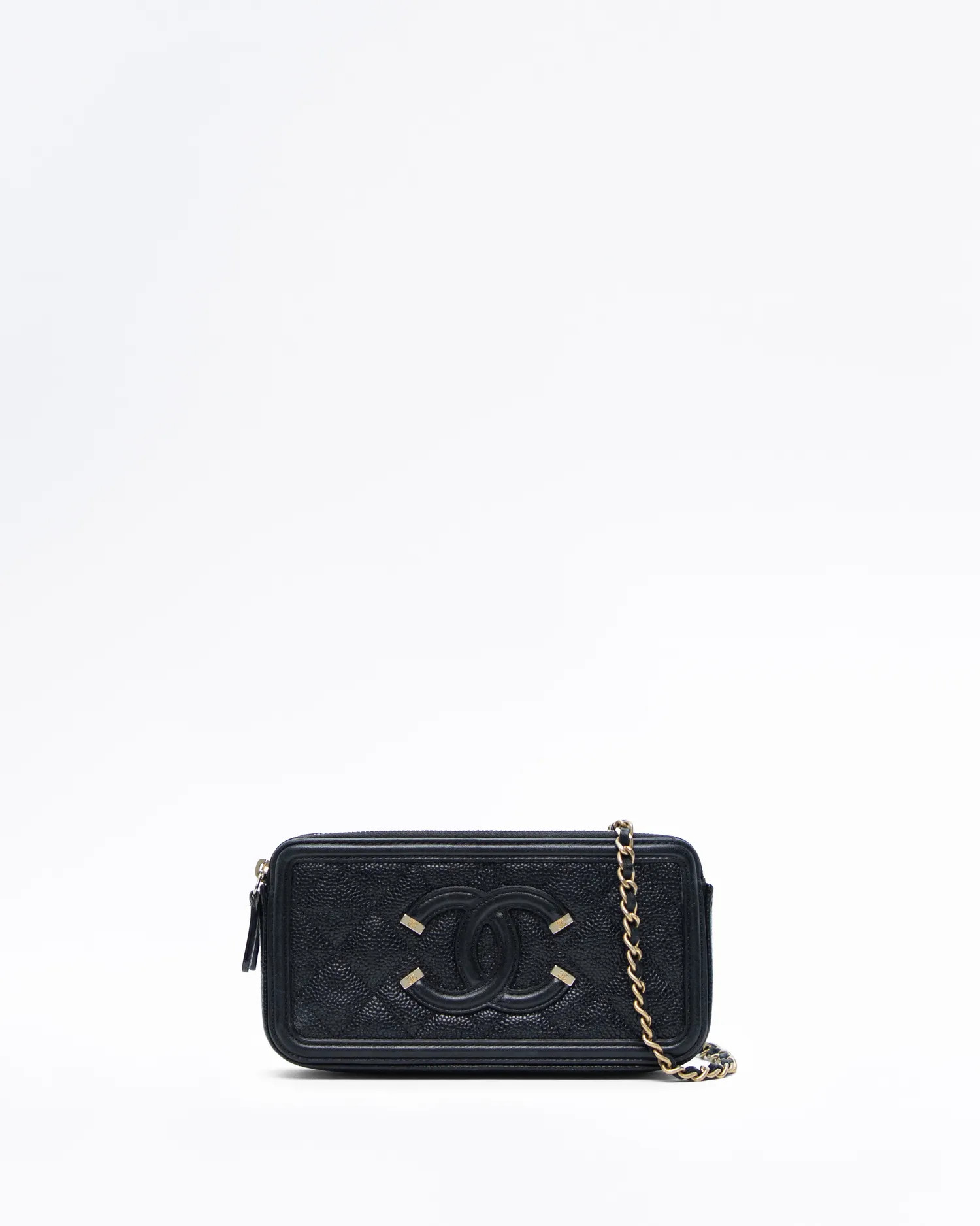 Caviar Quilted Filigree Clutch with Chain | Vivrelle