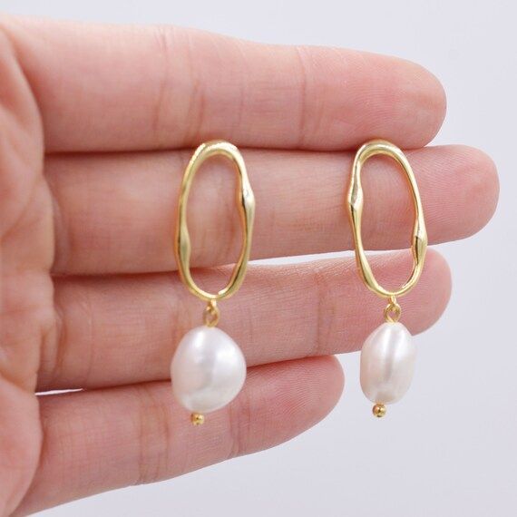 Sterling Silver Irregular Hoop Drop Stud Earrings with Baroque Pearls, Genuine Freshwater Pearls,... | Etsy (UK)