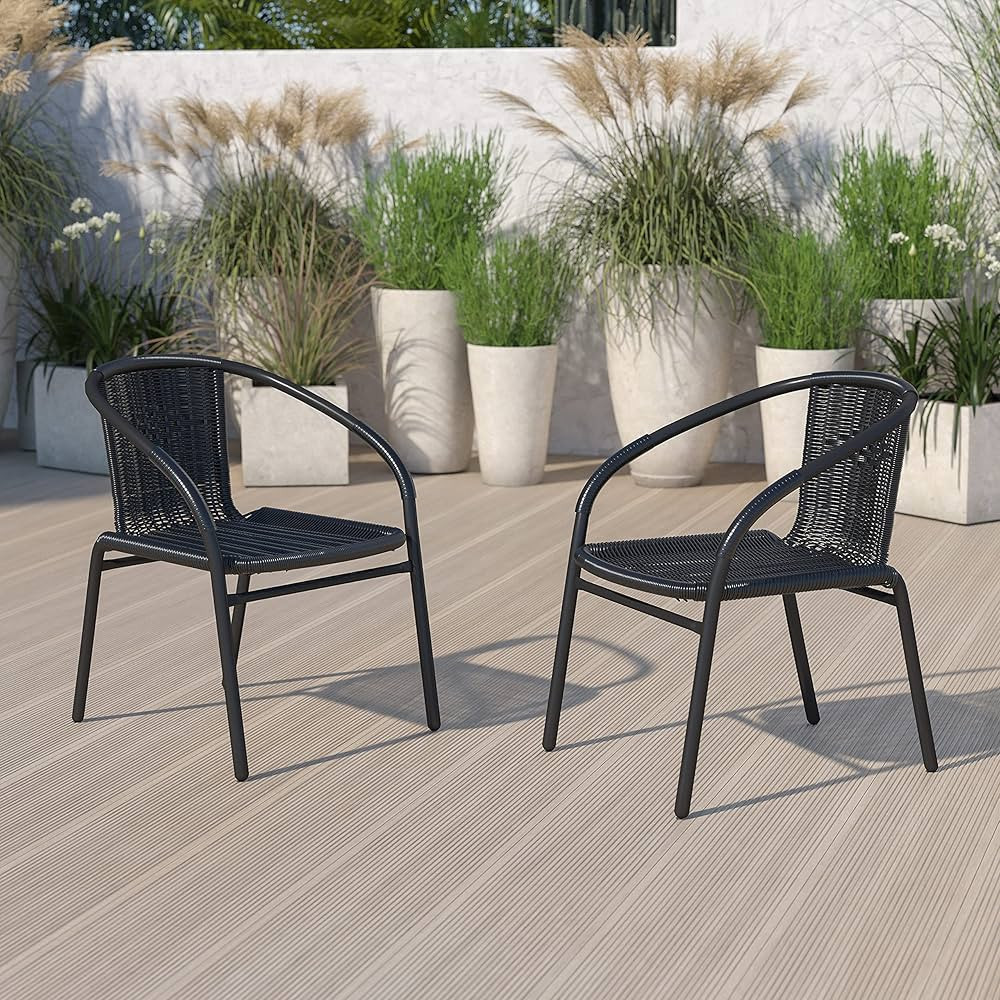 EMMA + OLIVER 2 Pack Black Rattan Indoor-Outdoor Restaurant Stack Chair with Curved Back | Amazon (US)