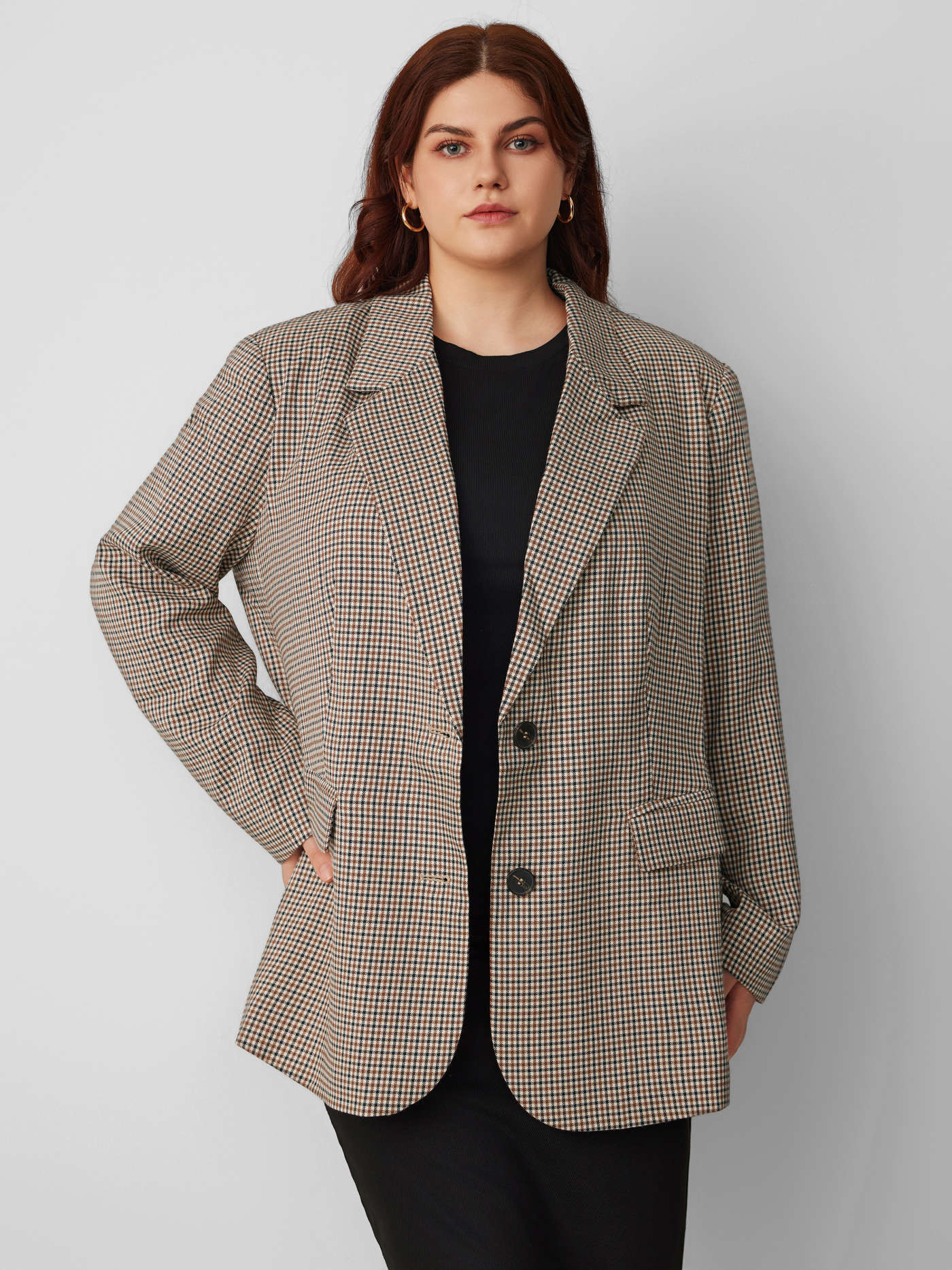 Woven Collar Check Button Blazer Curve & Plus For Daily Casual Work | Cider