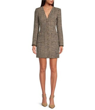 Dela Tweed V-Neck Long Sleeve Mini Dress | Dillard's