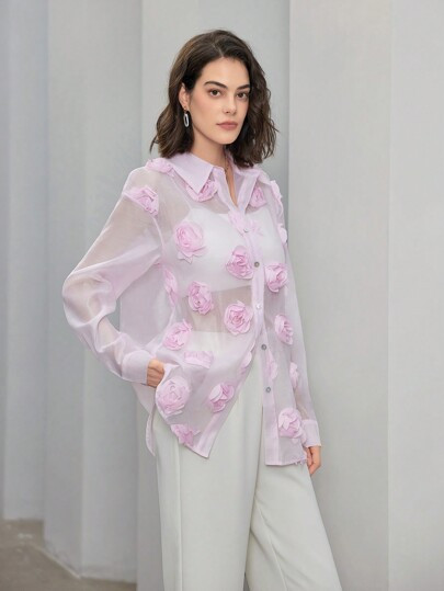 Anewsta Women's 3d Rose Long Sleeve Sheer Mesh Blouse | SHEIN