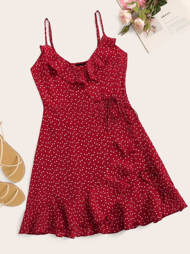 Heart Print Ruffled Mini Cami Dress | SHEIN