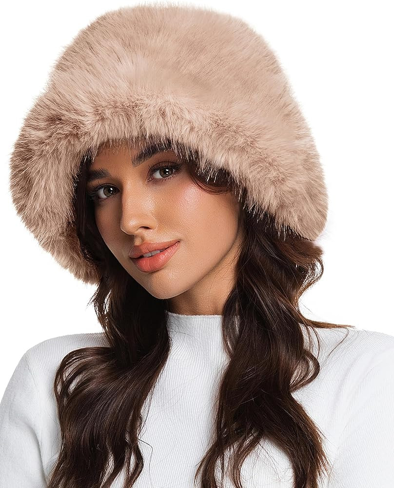 Faux Fur Bucket Hat for Women, Wide Brim Adjustable Fuzzy Fisherman Cap Long Pile Fluffy Winter F... | Amazon (US)