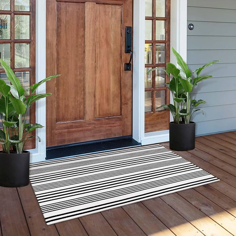 LEEVAN Black and White Striped Outdoor Rug 24"x51", Cotton Woven Washable Front Porch Rug, Farmho... | Amazon (US)
