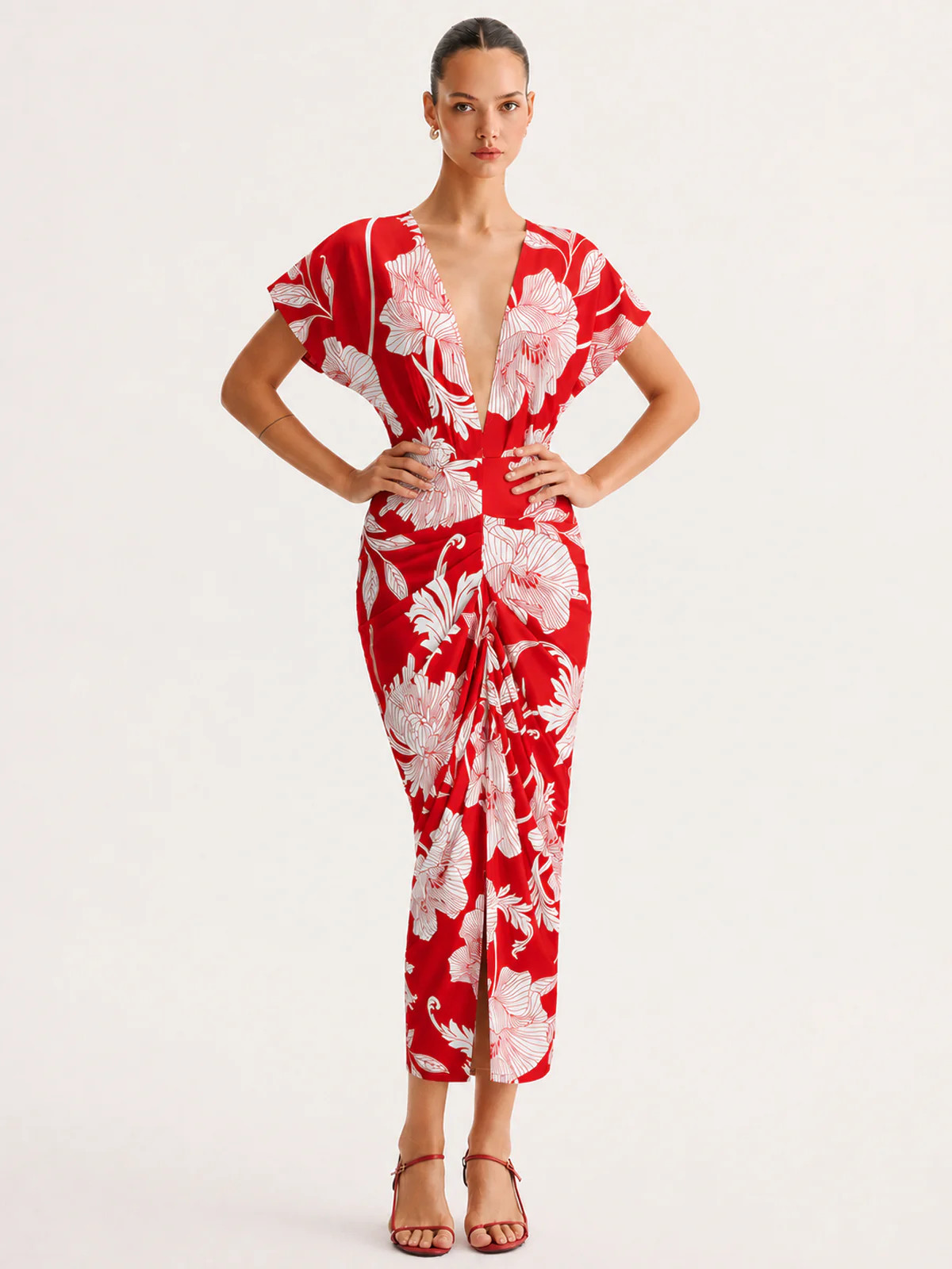 Floral Print Deep V Ruched Midi Dress | Commense