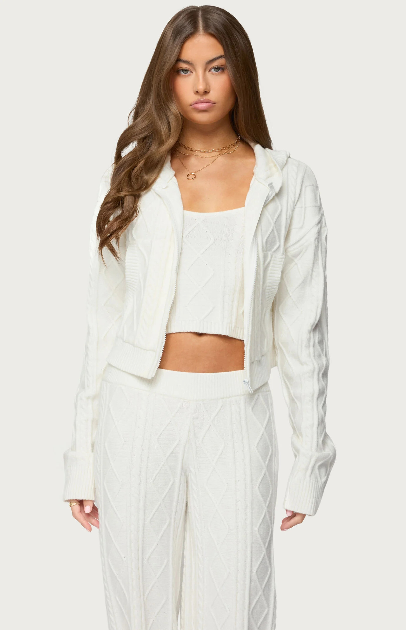 Edikted Women's Louise Cable Knit Hooded Cardigan in White - Size Medium | PacSun