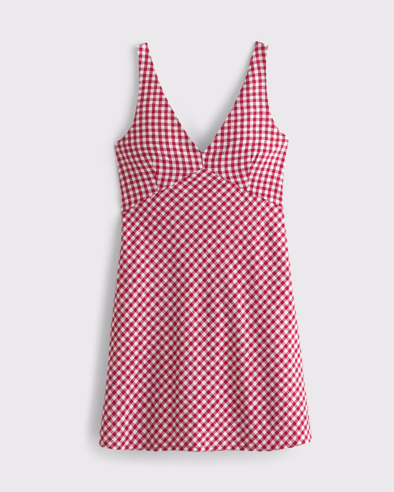 Abercrombie & Fitch Women's V-Neck Linen-Blend Mini Dress in Red Gingham - Size XXS TALL | Abercrombie & Fitch (US)