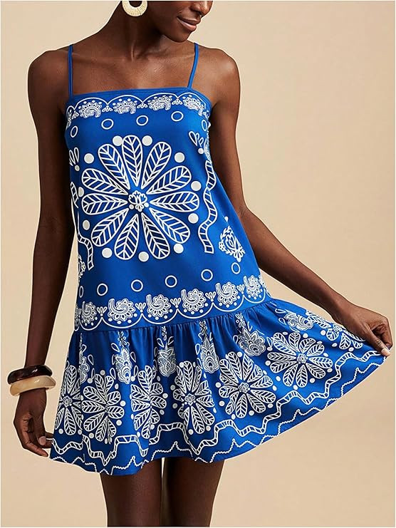 Women's Floral Boho Flowy Mini Cami Dress Ruffle Hem Spaghetti Strap Vacation Tank Dresses | Amazon (US)