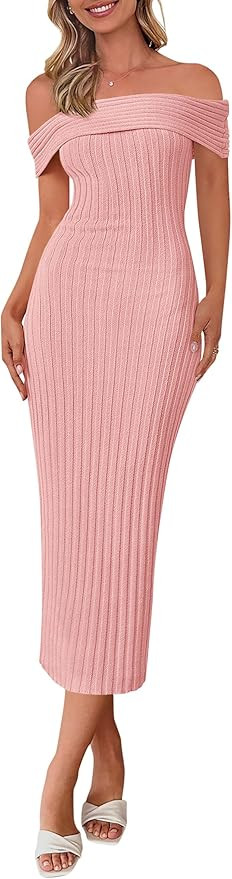 PRETTYGARDEN Summer Dresses for Women 2025 Formal Off The Shoulder Midi Bodycon Ribbed Knit Sprin... | Amazon (US)