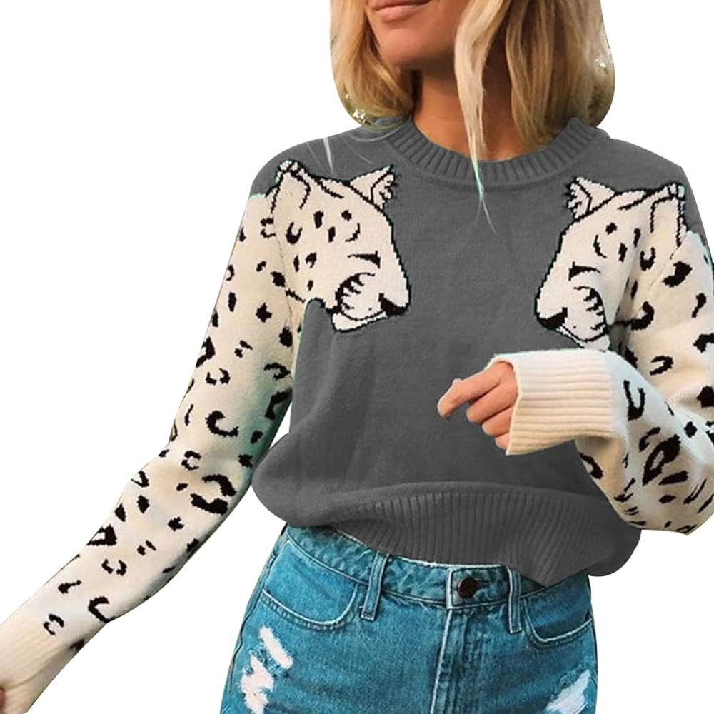 JUNBOON Women’s Casual Leopard Print Knitted Pullover Sweaters Long Sleeve Crew Neck Jumper Tops | Amazon (US)
