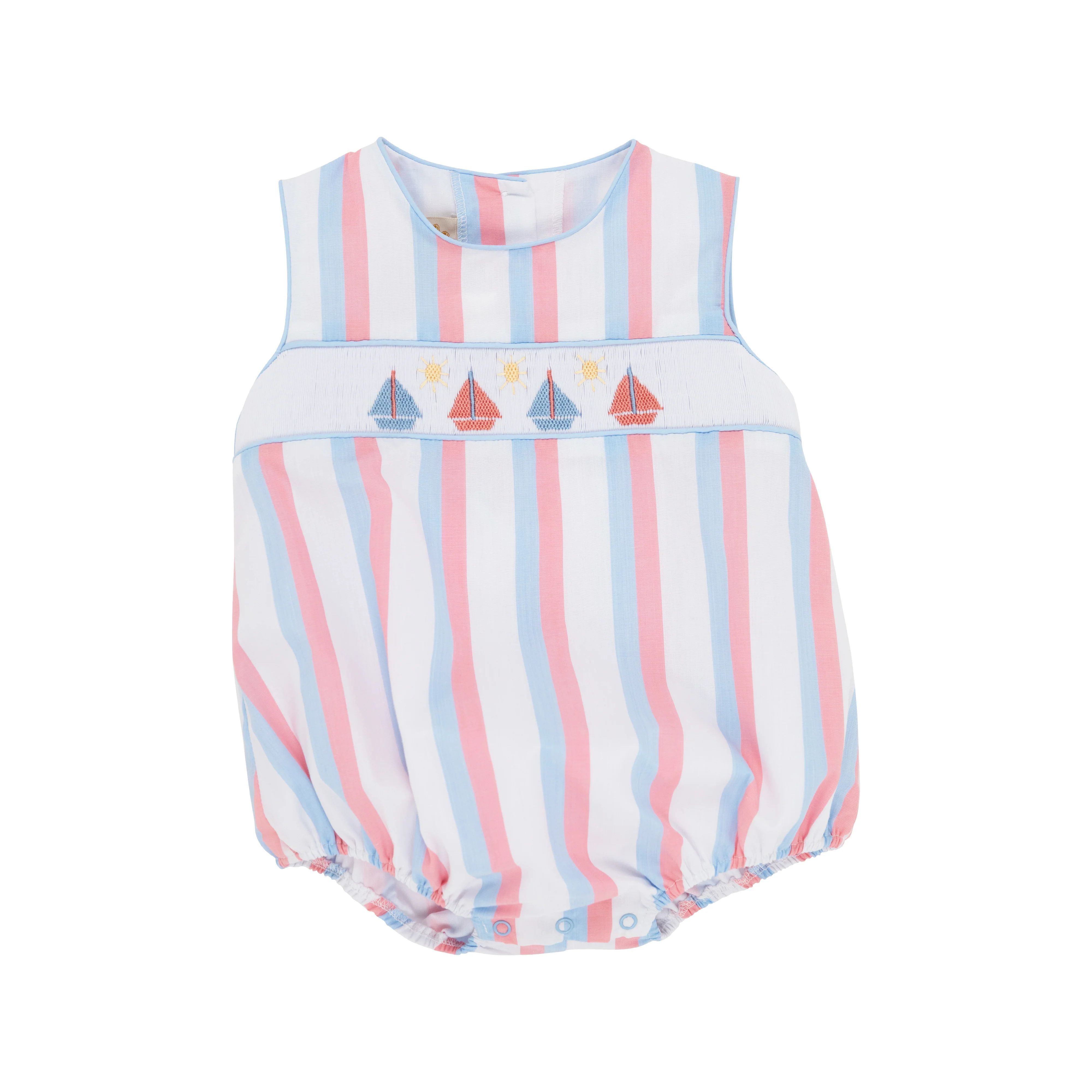 Smocked Brooke Bubble - New River Nautical Stripe with Beale Street Blue & Sailboat Smocking | The Beaufort Bonnet Company