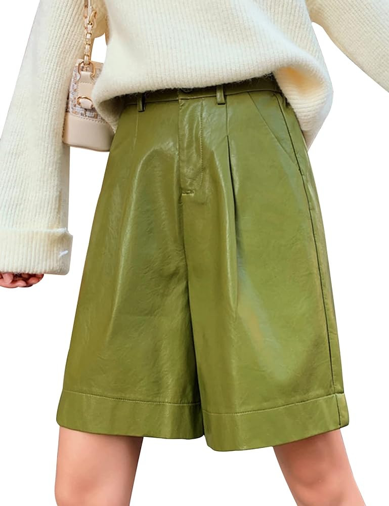 Yimoon Women's Faux Leather Shorts High Waisted Casual Wide Leg Knee Length PU Bermuda Shorts wit... | Amazon (US)