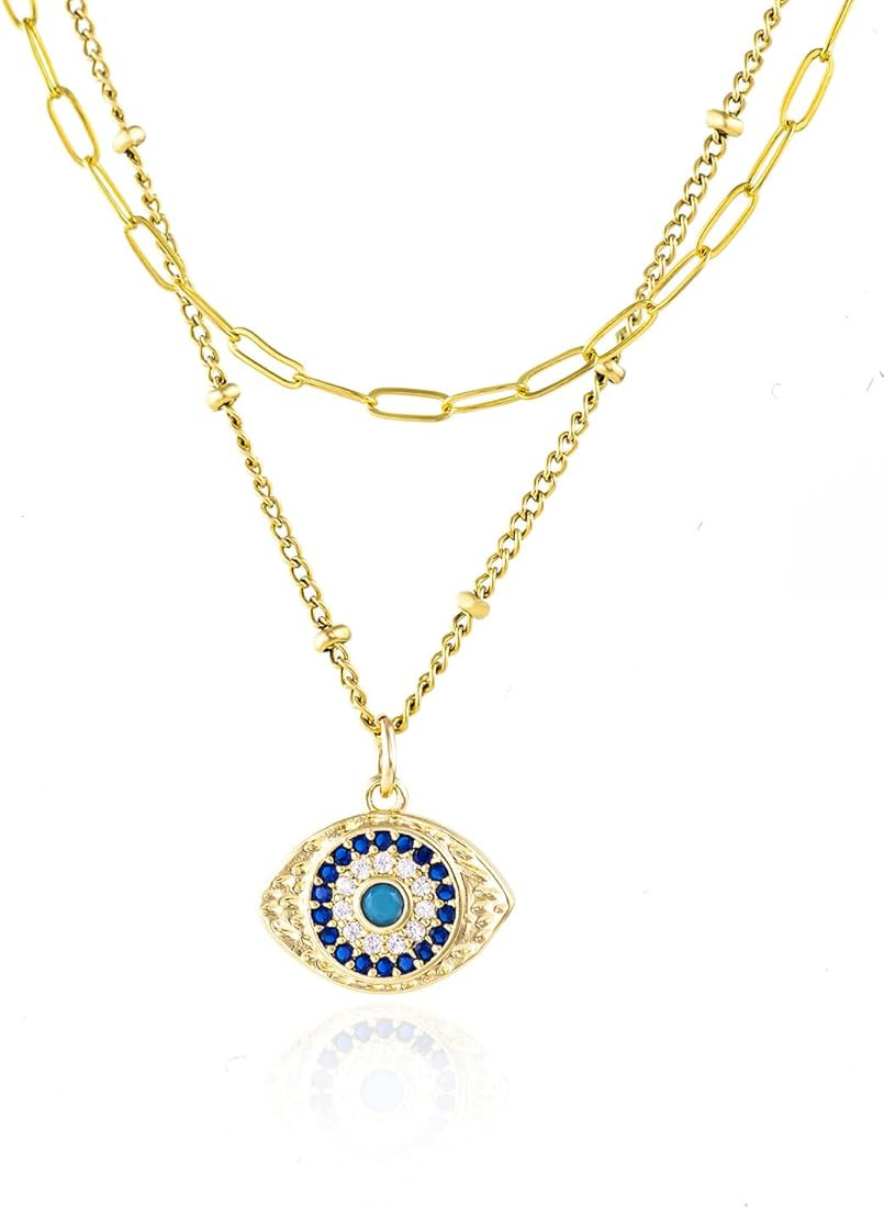WDSHOW Layered Paperclip Choker Evil Eye Pendant Necklaces Gifts for Women Girls | Amazon (US)