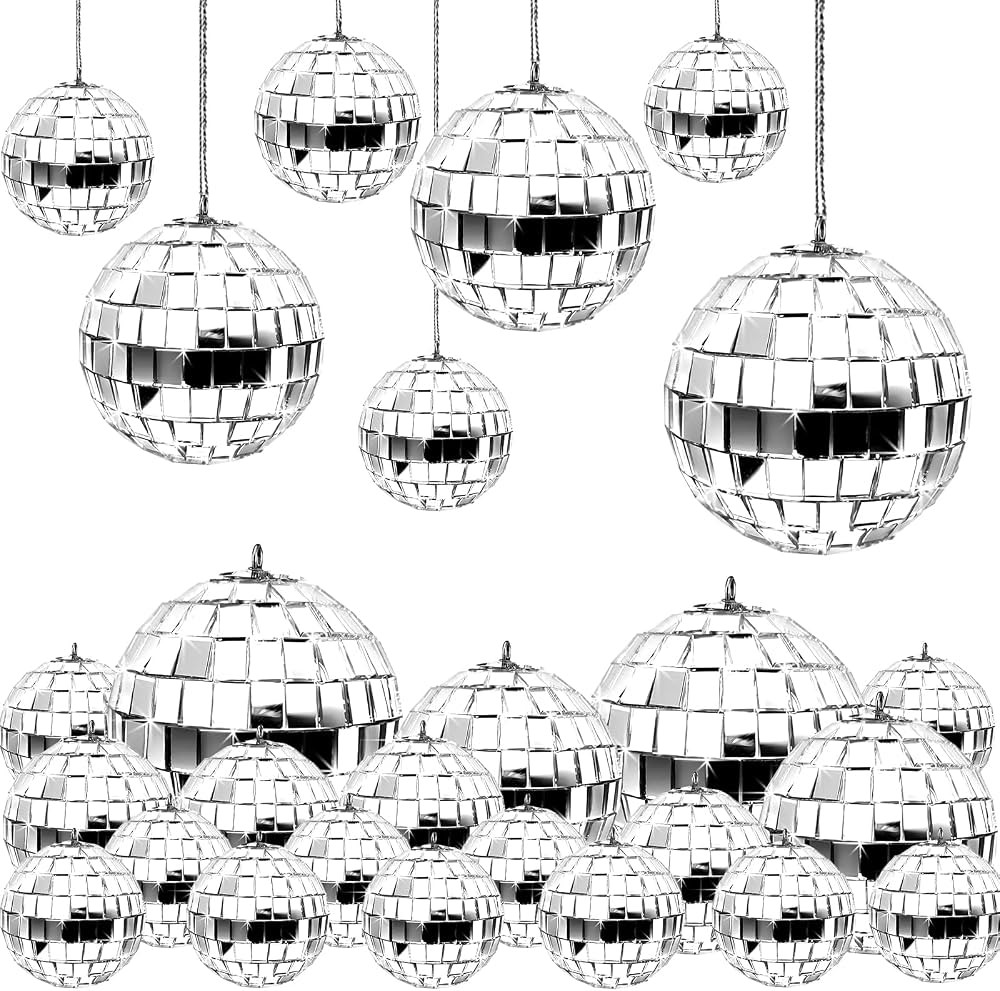 24 Pcs Mirror Disco Ball Hanging, Silver Glass Decor, Disco Party Decorations Ornament for Holida... | Amazon (US)