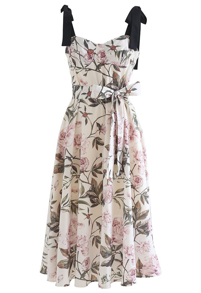 Pink Peony Blossom Tie-Strap A-Line Midi Dress | Chicwish