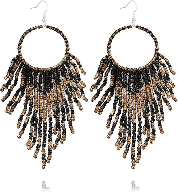 DoreenBow Long Beaded Tassel Black Earrings Boho Hoop Beaded Dangle Earrings Handmade Seed Bead E... | Amazon (US)