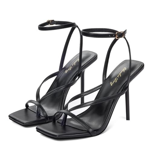 Elisabet Tang Women's Strappy Heels Sandals Square Toe Thong Heeled Open Toe Ankle Buckle Strap Heeled Sandals Stylish Dress Shoes Black Size 7 | Amazon (US)