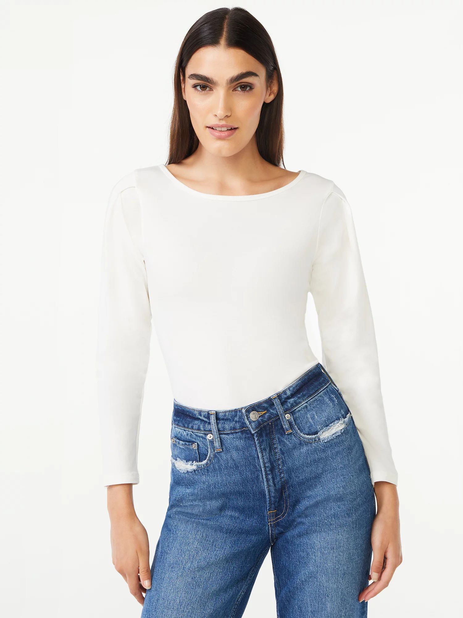 Free Assembly Women's Pleat Shoulder Bodysuit with Long Sleeves | Walmart (US)