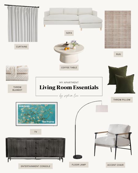 Create a cozy and stylish living room in your first apartment with these essential items. From big must-have items like coffee tables and side tables to smaller decor like wall art, throw pillows, and throw blankets, you can find everything for your new space. #LivingRoomEssentials #FirstApartment 