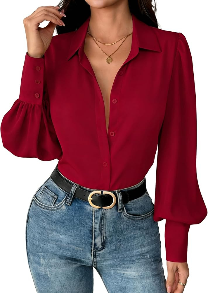 Zeagoo Women Button Down Shirts Lantern Long Sleeve Tops Business Casual Chiffon Blouses Trendy W... | Amazon (US)