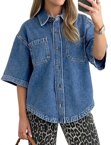 POTILI Women's Denim Shirt, Button Down Short Sleeve Jean Shirts Casual Top Outfits Trendy Blue | Amazon (US)