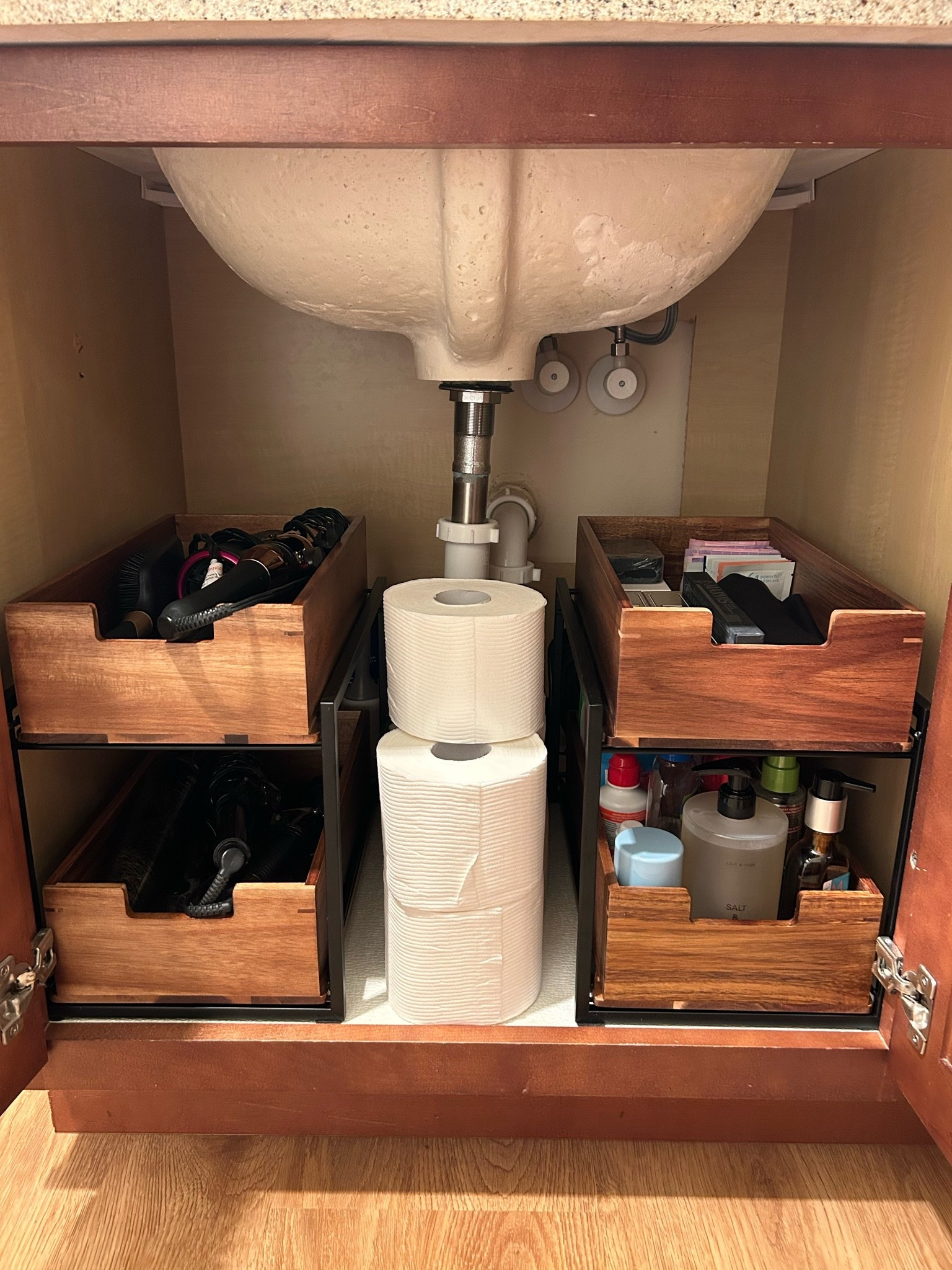 Updated my bathroom organization by swapping acrylic for wood & metal organizers

#LTKHome