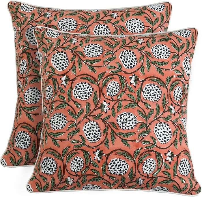 Block Print Dark Salmon Pink Pillow Cover 18" x 18" (Pack of 2) Decorative Couch Pillows for Livi... | Amazon (US)