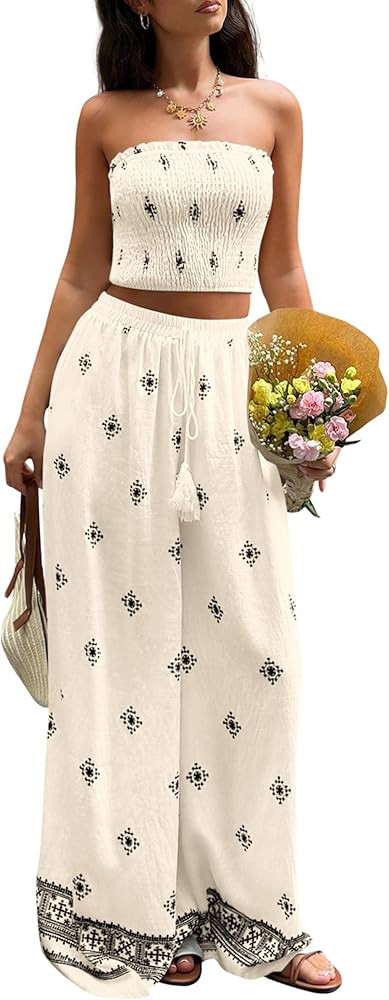 PRETTYGARDEN 2 Piece Sets for Women Summer 2026 Travel Outfits Print Tube Tops Wide Leg Pants Bea... | Amazon (US)