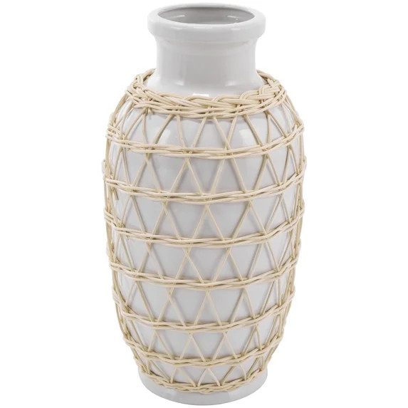 DecMode 14" White Ceramic Vase with Woven Rattan Exterior | Walmart (US)