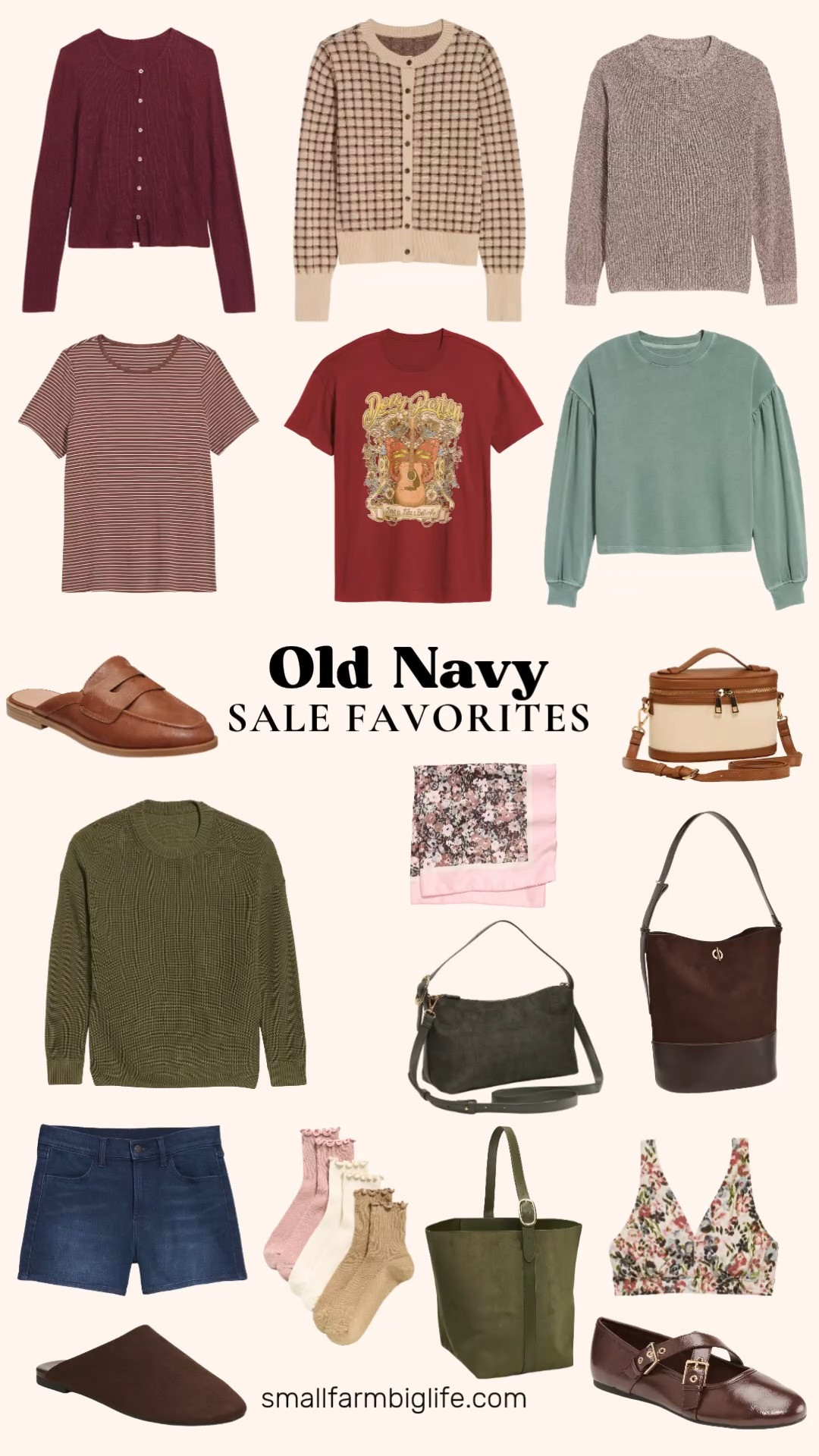 Old Navy has so many great sale favorites right now for summer into fall.

The brown marl and army green Seaside Cotton Shaker Tunic Sweaters are so soft and easy to layer. Pair them with the dark wash high waisted Wow jean shorts or dress them up with the coffee brown buckle strap Mary Jane ballet flats.

The burgundy long sleeve button front pointelle top and the brown and white striped Luxe crew neck t-shirt are great everyday basics. I also love the brown and tan plaid SoSoft cotton cardigan for an easy cozy layer.

The goji berry Dolly Parton oversized tunic t-shirt adds a fun pop of color, and the rust, green, and brown floral no show bralette is a great basic to have on hand.

For bags, the chocolate brown large preppy bucket bag, the beige and cognac convertible top handle bag, the forest crocodile convertible Carrie crossbody bag, and the army green medium Carrie tote bag all bring great fall color and texture options.

Rounding it out, the bourbon loafer mules and the chocolate brown faux suede mule clogs are both perfect transitional shoes, the sage green SoComfy puff sleeve cropped sweatshirt is so cozy, and the pink and brown silky scarf is a great finishing touch.

#oldnavystyle #fallwardrobe #falltransition #amazonfashionfinds #fallbasics 

 #LTKootd #LTKOver40 #LTKSaleAlert