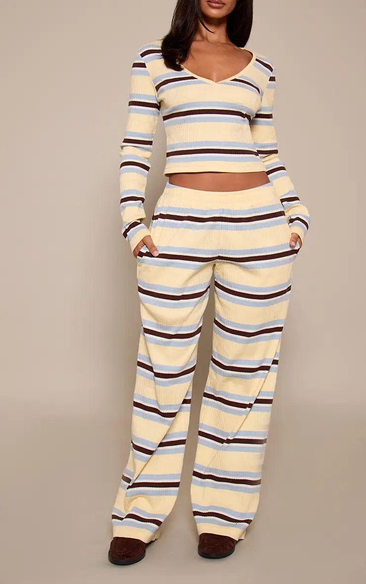 Cream Stripe Ribbed Straight Leg Trousers | PrettyLittleThing | PrettyLittleThing UK