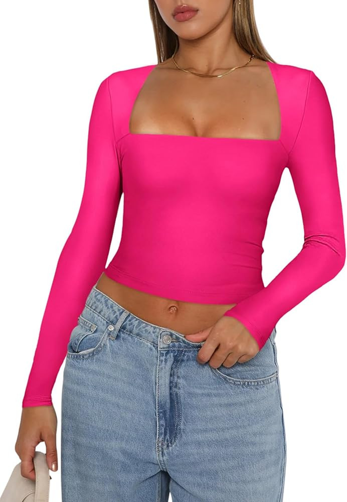 REORIA Women's Basic Sexy Square Neck Long Sleeve Y2K Going Out T Shirt Crop Top | Amazon (US)