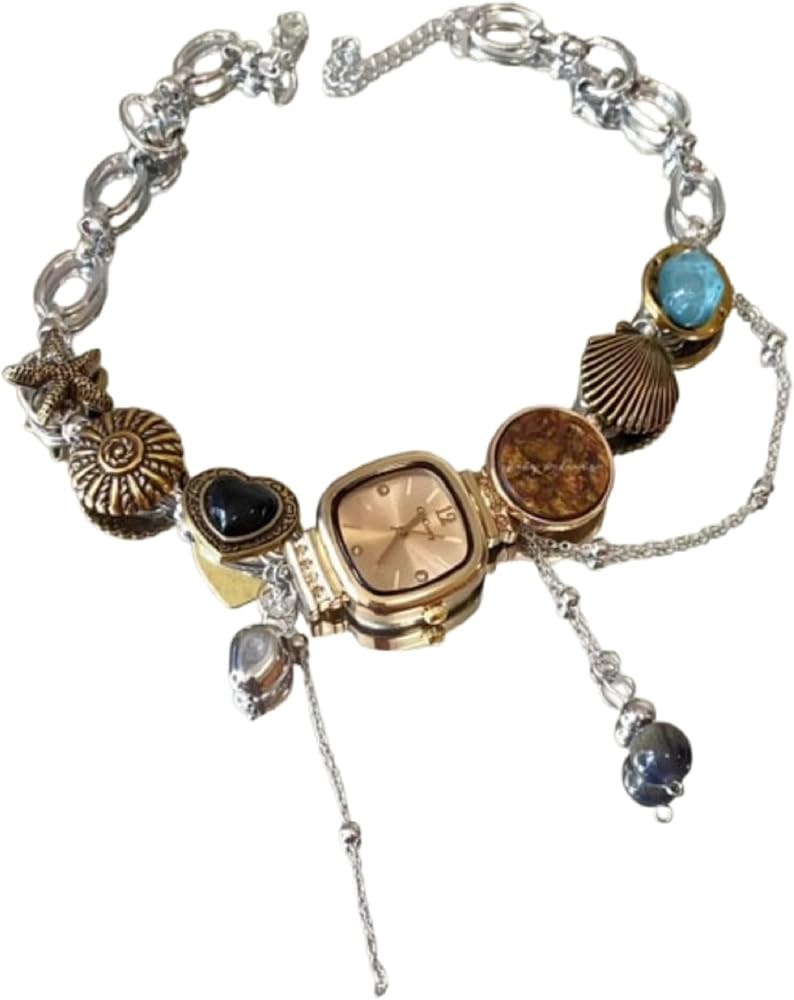 WOSHIFUPO Vintage Watch Necklace with Gemstones, Seashell Charm, Gold-tone and Silver-tone Chain,... | Amazon (US)