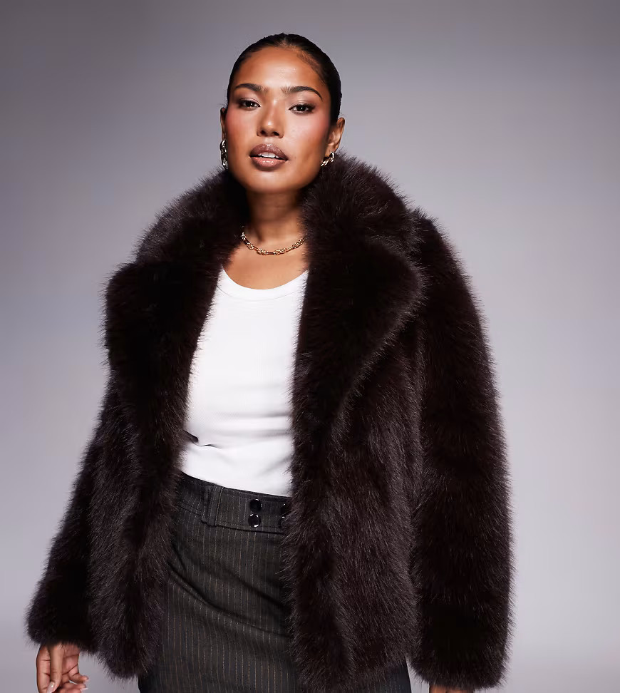 Forever New Curve faux fur coat in chocolate-Brown | ASOS (Global)