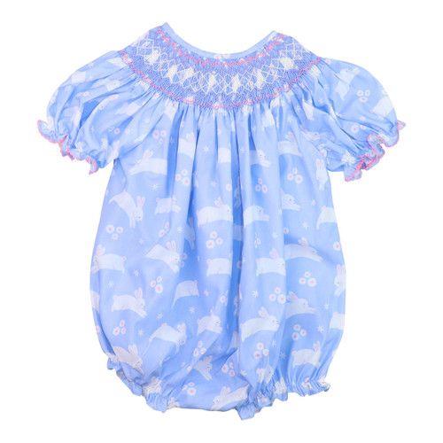 Blue And Pink Smocked Bunny Print Bubble | Cecil and Lou