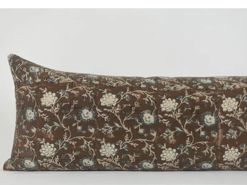 Hand Block Printed Linen Lumbar Pillow: Brown Floral, Brass Zipper | Etsy (Global)
