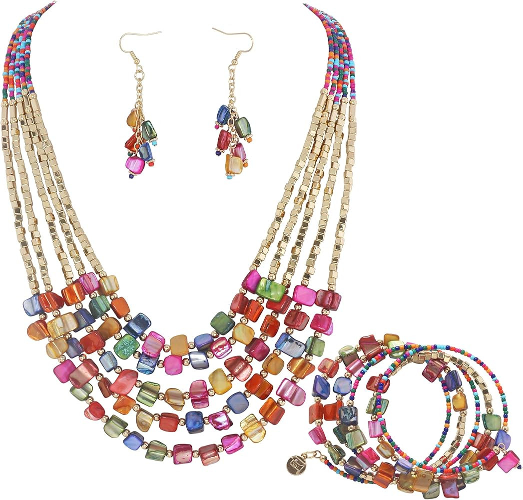 Firstmeet Bohemian Layered Shell Beaded Necklace With Earrings Seed Bead Irregular Costume Jewelr... | Amazon (US)