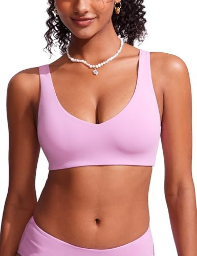 CRZ YOGA Womens V Neck Bikini Tops Bathing Suit V Back Wide Straps Swim Bra Padded Swimsuit Vita Pink Small | Amazon (US)