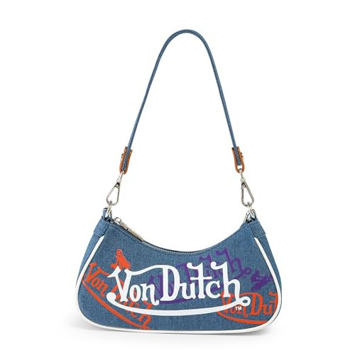 Von Dutch Purse Shoulder Bag, Women's Shoulder Handbags Logo Print and Silver Chain (Orange and Purple Multi-Logo Denim) | Amazon (US)