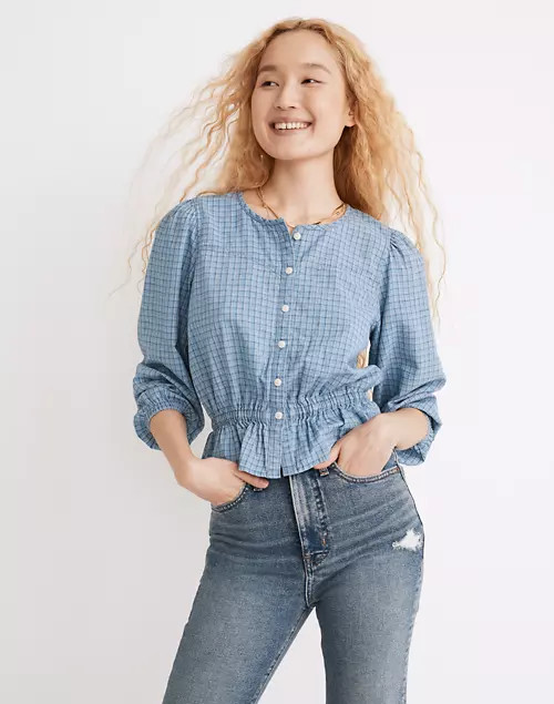 Chambray Puff-Sleeve Peplum Top in Windowpane | Madewell
