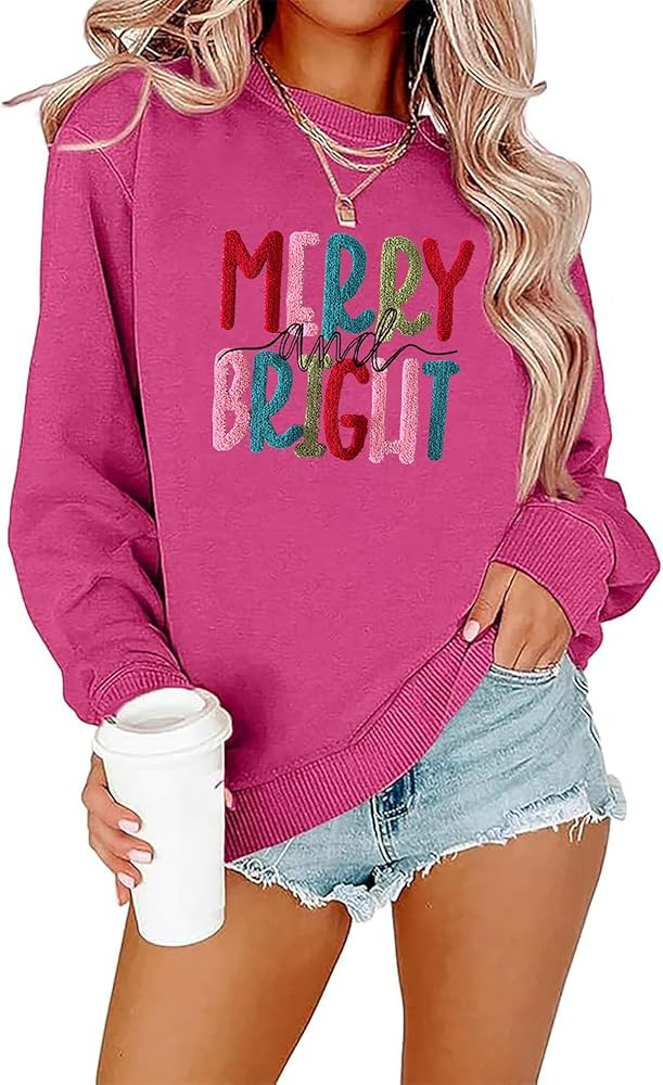 Merry Christmas Sweatshirts Women Merry And Bright Christmas Pullover Top Chenille Patch Letter P... | Amazon (US)