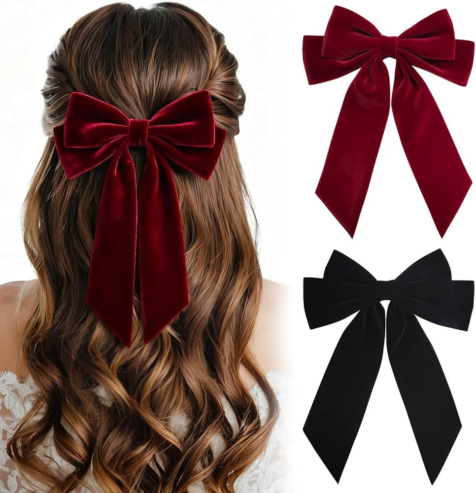 2PCS Velvet Bows Hair Clip Ribbon Black Red Accessories Bow for Women Girls Toddlers Teens Kids | Amazon (US)