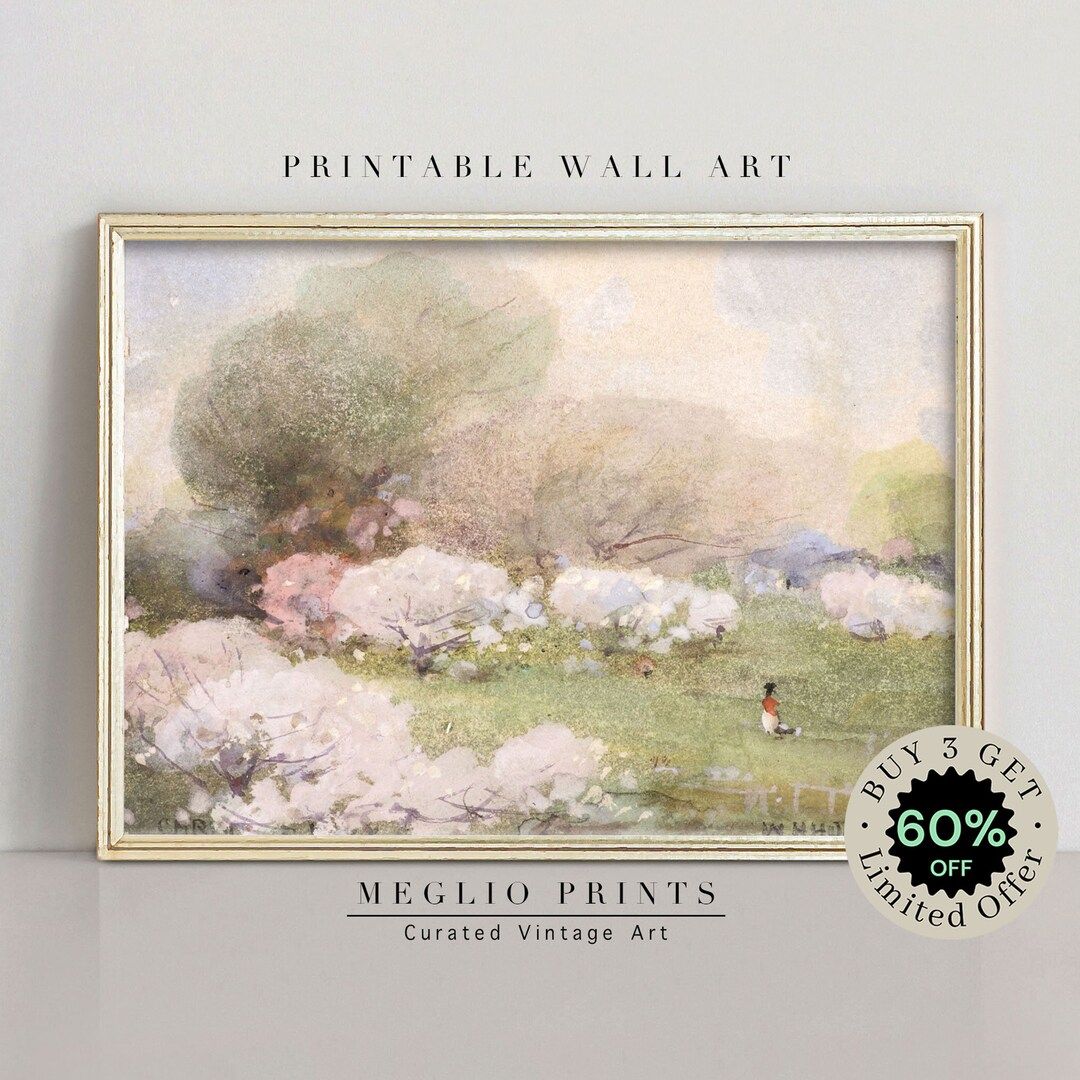 Muted - Meadow Floral Landscape Painting, Neutral Vintage Art Prints, Printable Wall Art, Vintage... | Etsy (US)