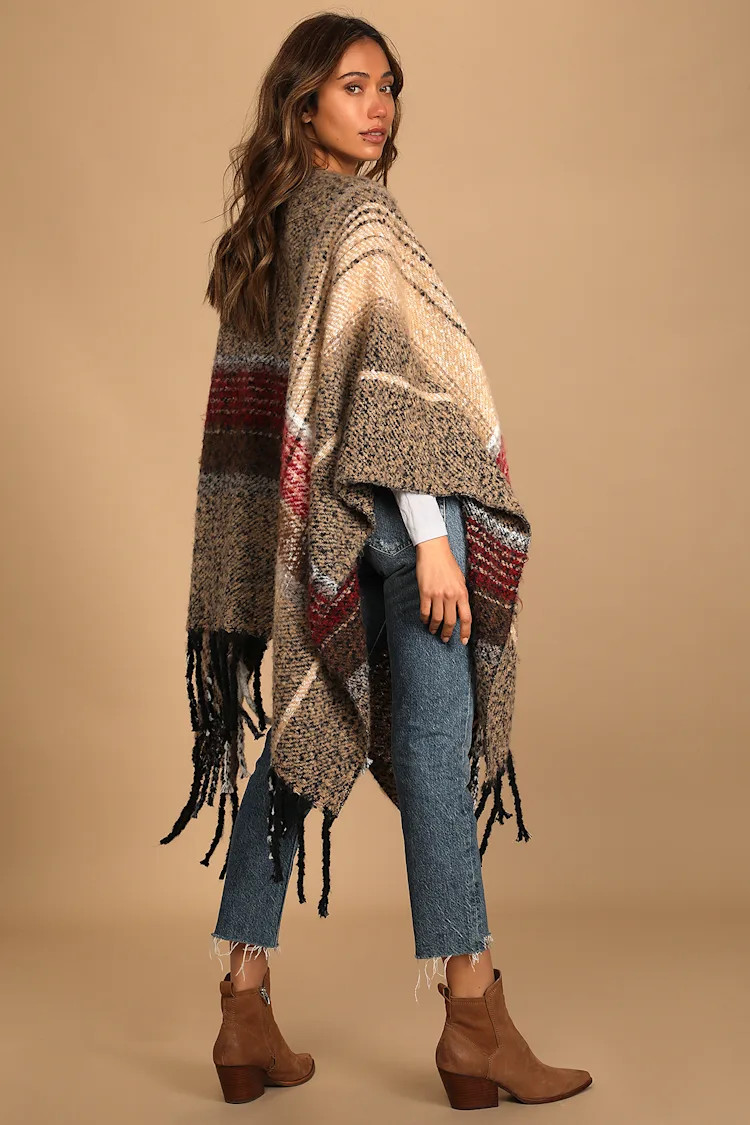 Sweet and Cozy Beige Multi Plaid Oversized Knit Wrap | Lulus