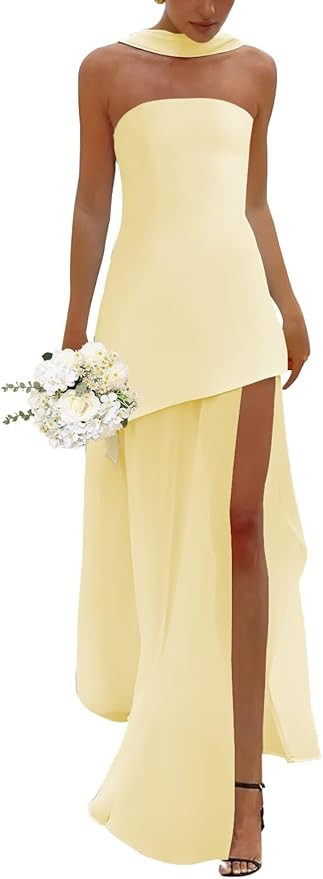 Loyeloy Women's Strapless Satin Bridesmaid Dresses with Scarf Sexy Slit 2025 Chiffon Formal Eveni... | Amazon (US)