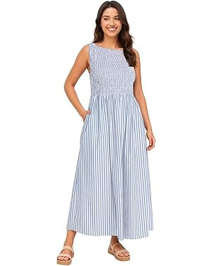 Women Spaghetti Strap Smocked Maxi Dresses Flowy Striped Summer Vacation Dress A-Line Beach Sundr... | Amazon (US)